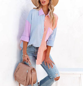 Women's Color Block Long Sleeve Button Down Boyfriend Shirt Blouses