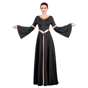 ODASDO Women Praise Dance Dresses Liturgical Worship Dancewear Golden Metallic Loose Fit Full Length Robe