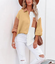 Load image into Gallery viewer, Women&#39;s Color Block Long Sleeve Button Down Boyfriend Shirt Blouses