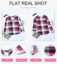 Load image into Gallery viewer, Womens Basic Casual V Neck Plaid Print Cotton Cuffed Long Sleeve Work Tops Blouses Shirts S-3XL