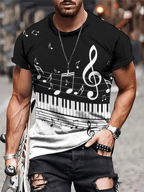 Men's Piano Art Tee - Stylish Graphic, Short Sleeve, Crew Neck - Comfortable Outdoor Clothing for Fashion-Forward Gentlemen-L