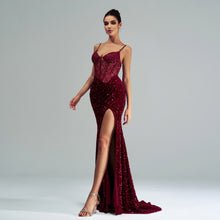 Load image into Gallery viewer, Spaghetti Straps Sleeveless Sequined High Slit Evening Dress