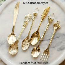 Load image into Gallery viewer, Vintage Royal Style Dessert Cutlery Set, Stainless Steel Gold Carved, Mini Spoons &amp; Fork