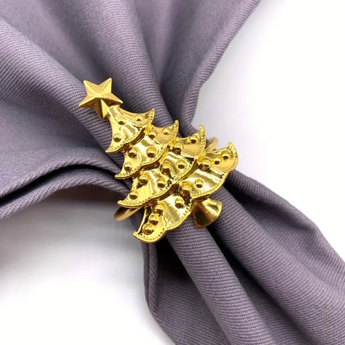 Pack of 6 Christmas Tree Napkin Rings - Cast Iron Polished Metal, Solid Color, Dinner Table Decor