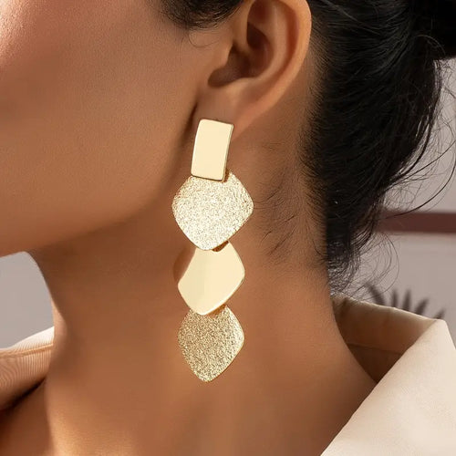 Rhombus Shape Golden Long Dangle Earrings Bohemian Vacation Style Trendy Female Ear Ornaments