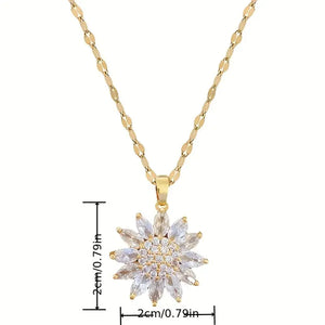 Copper Micro-set Zircon Sun Flower Pendant Necklace - Durable Titanium Steel Chain, Hypoallergenic, Fade-Resistant, and Water-Proof