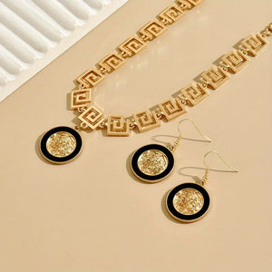 18K Gold-Plated Enamel Lion Head &amp; Great Wall Necklace and Earrings - Elegant Jewelry Set