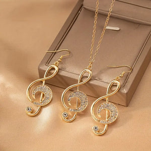 Golden Music Symbol Design Shiny Rhinestone Inlaid Dangle Earrings & Pendant Necklace Music Festival Earrings