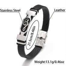 Load image into Gallery viewer, 1pc Fashion Stainless Steel Leather Music Symbol Cuff Bracelet - Durable Plated White K Finish, Stylish Daily Wear for Men