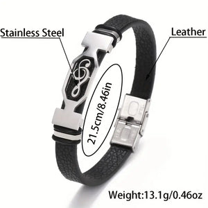 1pc Fashion Stainless Steel Leather Music Symbol Cuff Bracelet - Durable Plated White K Finish, Stylish Daily Wear for Men