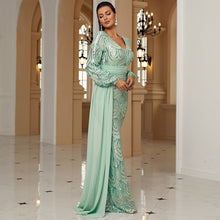 Load image into Gallery viewer, Long Sleeve Sexy Long Sequined V-neck Banquet Ribbon Evening Dress