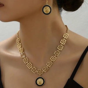 18K Gold-Plated Enamel Lion Head &amp; Great Wall Necklace and Earrings - Elegant Jewelry Set