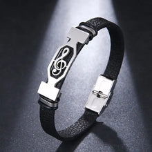 Load image into Gallery viewer, 1pc Fashion Stainless Steel Leather Music Symbol Cuff Bracelet - Durable Plated White K Finish, Stylish Daily Wear for Men