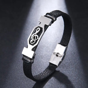 1pc Fashion Stainless Steel Leather Music Symbol Cuff Bracelet - Durable Plated White K Finish, Stylish Daily Wear for Men