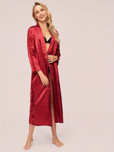 Load image into Gallery viewer, Elegant Solid Contrast Lace Hollow Out Night Robes, Comfy Long Sleeve Longline Sleep Robe With Belt, Women&#39;s Sleepwear