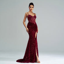 Load image into Gallery viewer, Spaghetti Straps Sleeveless Sequined High Slit Evening Dress