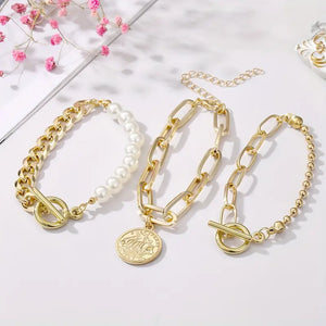 3-Piece Exquisite Coin Pendant Link Chain Bracelet Set - Elegant Hand Chain for Women