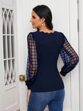 Load image into Gallery viewer, Scallop Trim V Neck Blouse, Casual Long Illusion Sleeve Blouse, Women&#39;s Clothing -Size: S