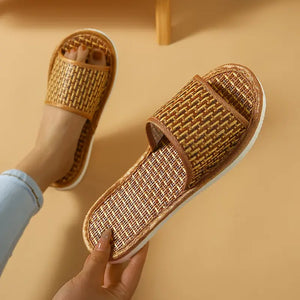 Cozy Rattan Slippers - Soft Linen Lined, Open-Toe, Slip-On Design, Perfect for Home, Spa, or Poolside