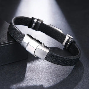 1pc Fashion Stainless Steel Leather Music Symbol Cuff Bracelet - Durable Plated White K Finish, Stylish Daily Wear for Men