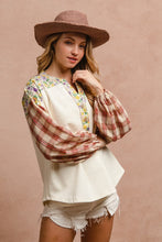 Load image into Gallery viewer, BiBi Floral Notched Plaid Balloon Sleeve Top for Girls and Women