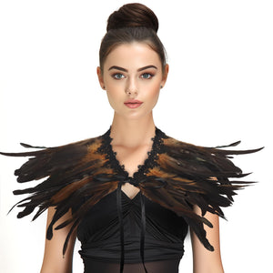 Gothic Black Feather Shawl Victorian Costume Shrug Halloween Cosplay Feather Wrap Lace Neck