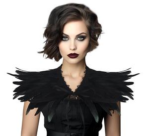 Gothic Black Feather Shawl Victorian Costume Shrug Halloween Cosplay Feather Wrap Lace Neck