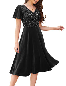 Formal Velvet Dress for Women Sequin Cocktail Dress with Sleeves for Fall and Winter