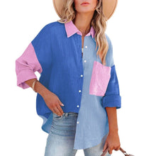 Load image into Gallery viewer, Women&#39;s Color Block Long Sleeve Button Down Boyfriend Shirt Blouses