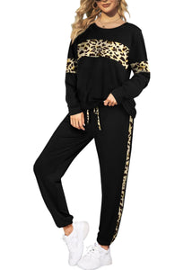 Leopard Sweatsuits Women 2 Piece Sets Crew neck Long Sleeve Tops Pants, Tracksuit with Pockets