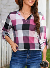 Load image into Gallery viewer, Womens Basic Casual V Neck Plaid Print Cotton Cuffed Long Sleeve Work Tops Blouses Shirts S-3XL