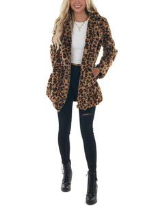 Omoone Women's Faux Fur Jackets Autumn Winter Leopard Coats Loose Fur Coat with Pockets