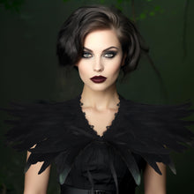 Load image into Gallery viewer, Gothic Black Feather Shawl Victorian Costume Shrug Halloween Cosplay Feather Wrap Lace Neck