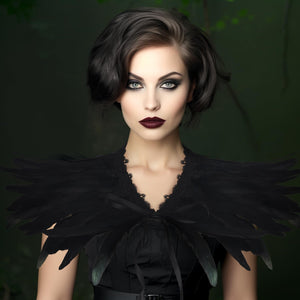 Gothic Black Feather Shawl Victorian Costume Shrug Halloween Cosplay Feather Wrap Lace Neck