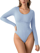 Load image into Gallery viewer, PINKMSTYLE Women&#39;s Sexy Scoop Neck Long Sleeve Bodysuits Thongs Ribbed Seamless Slim Fit Trendy Going Out Leotard Tops