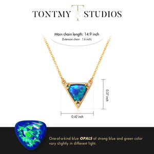 Gold Pendant Necklaces for Women, 14K Gold Plated Synthetics Blue Opal Necklace Created October’s Birthstone Charm Simple Triangle Pendant Necklaces Gold Jewelry for Women Trendy