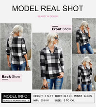 Load image into Gallery viewer, Womens Basic Casual V Neck Plaid Print Cotton Cuffed Long Sleeve Work Tops Blouses Shirts S-3XL