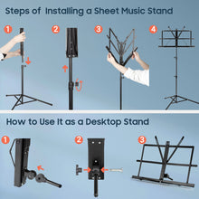 Load image into Gallery viewer, CAHAYA 2 in 1 Dual Use Extra Stable Reinforced Folding Sheet Music Stand &amp; Desktop Book Stand Lightweight Portable Adjustable with Carrying Bag, Metal Music Stand with Music Sheet Clip Holder CY0204