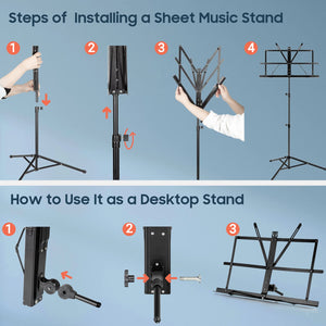 CAHAYA 2 in 1 Dual Use Extra Stable Reinforced Folding Sheet Music Stand & Desktop Book Stand Lightweight Portable Adjustable with Carrying Bag, Metal Music Stand with Music Sheet Clip Holder CY0204