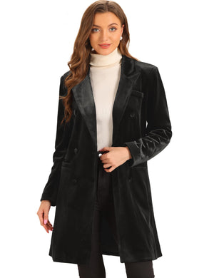 Velvet Coat for Women's Lapel Double-Breasted Long Outerwear Winter Coats