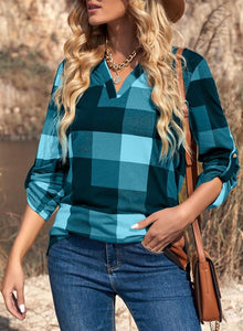 Womens Basic Casual V Neck Plaid Print Cotton Cuffed Long Sleeve Work Tops Blouses Shirts S-3XL