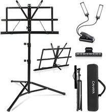 Load image into Gallery viewer, CAHAYA 2 in 1 Dual Use Extra Stable Reinforced Folding Sheet Music Stand &amp; Desktop Book Stand Lightweight Portable Adjustable with Carrying Bag, Metal Music Stand with Music Sheet Clip Holder CY0204