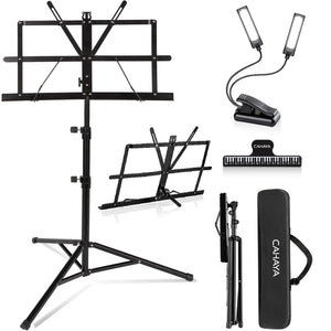 CAHAYA 2 in 1 Dual Use Extra Stable Reinforced Folding Sheet Music Stand & Desktop Book Stand Lightweight Portable Adjustable with Carrying Bag, Metal Music Stand with Music Sheet Clip Holder CY0204