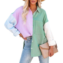 Load image into Gallery viewer, Women&#39;s Color Block Long Sleeve Button Down Boyfriend Shirt Blouses