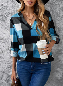 Womens Basic Casual V Neck Plaid Print Cotton Cuffed Long Sleeve Work Tops Blouses Shirts S-3XL