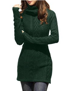 Women Polo Neck Long Slim Fitted Dress Bodycon Turtleneck Cable Knit Sweater