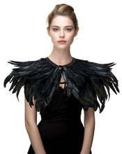 Load image into Gallery viewer, Gothic Black Feather Shawl Victorian Costume Shrug Halloween Cosplay Feather Wrap Lace Neck