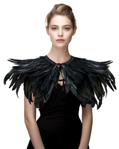 Gothic Black Feather Shawl Victorian Costume Shrug Halloween Cosplay Feather Wrap Lace Neck