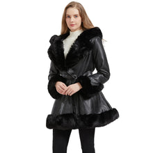 Load image into Gallery viewer, Faux Leather Jacket for Women with Faux Fur Collar Long Sleeve Parka with Pockets Warm Winter Coat with Belt