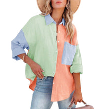 Load image into Gallery viewer, Women&#39;s Color Block Long Sleeve Button Down Boyfriend Shirt Blouses